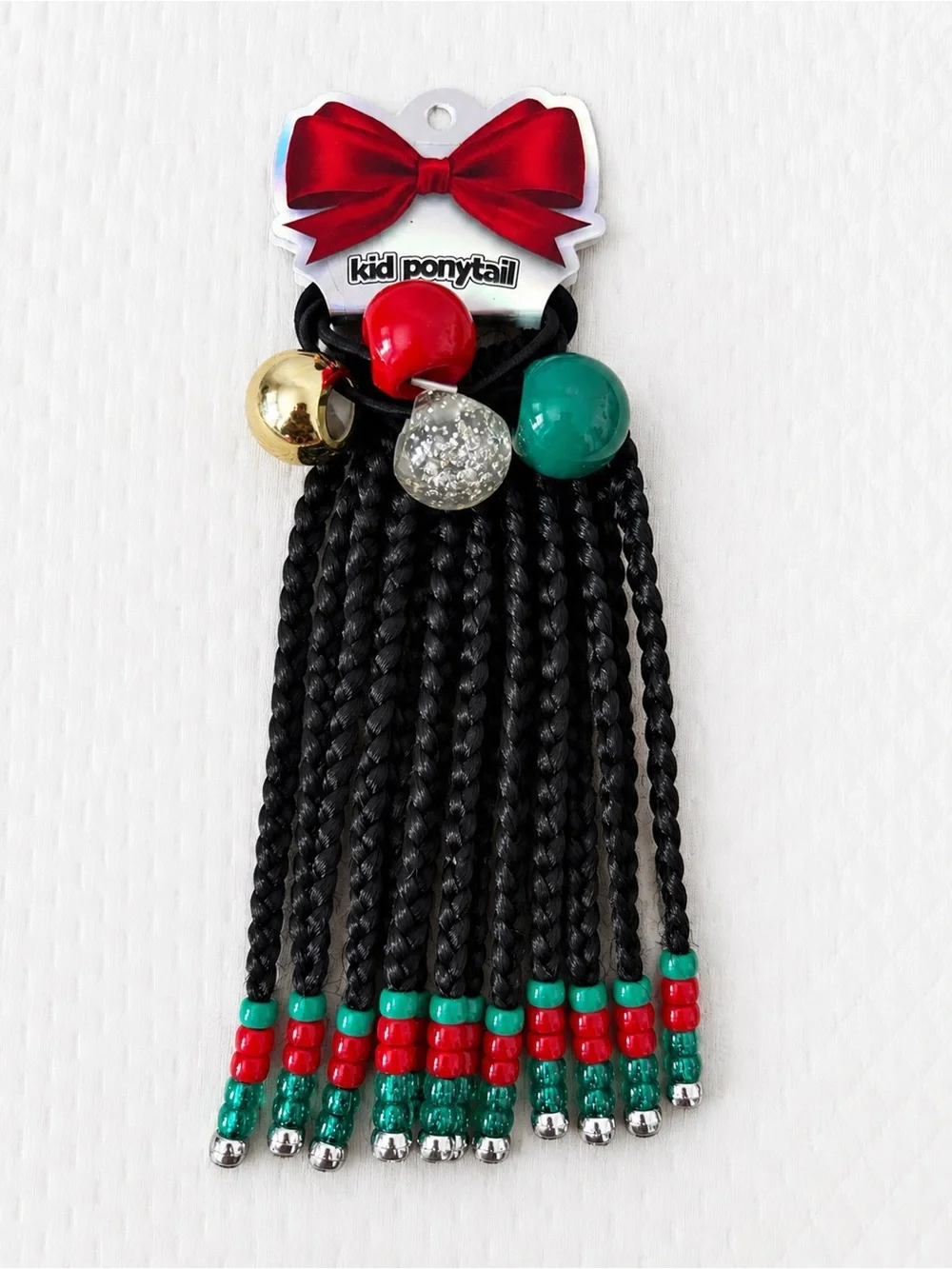 Kid Ponytail Black Braided Beaded Hair Accessory with Red, Green & Gold Accents
